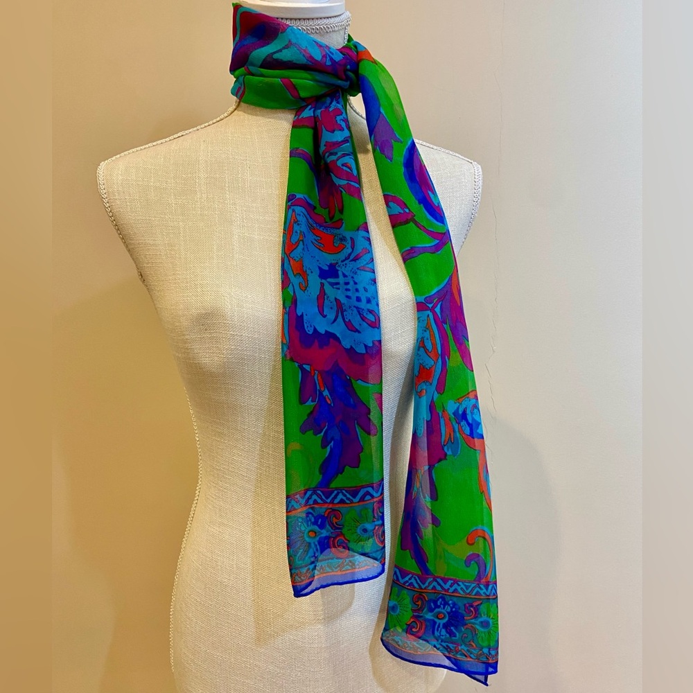 Gorgeous Silk Chiffon Vintage Liz Claiborne Scarf Turquoise Pink Green Blue